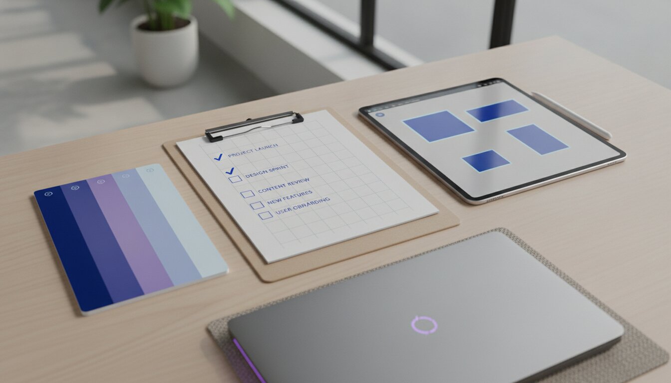 Ad creative checklist clipboard with brand kit color swatches and canvas presets
