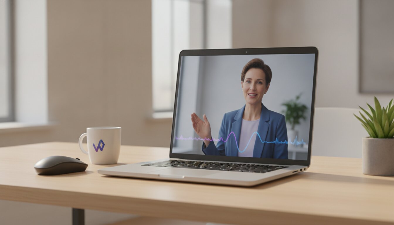 AI digital avatar presenting on a laptop screen for a talking avatar video ad
